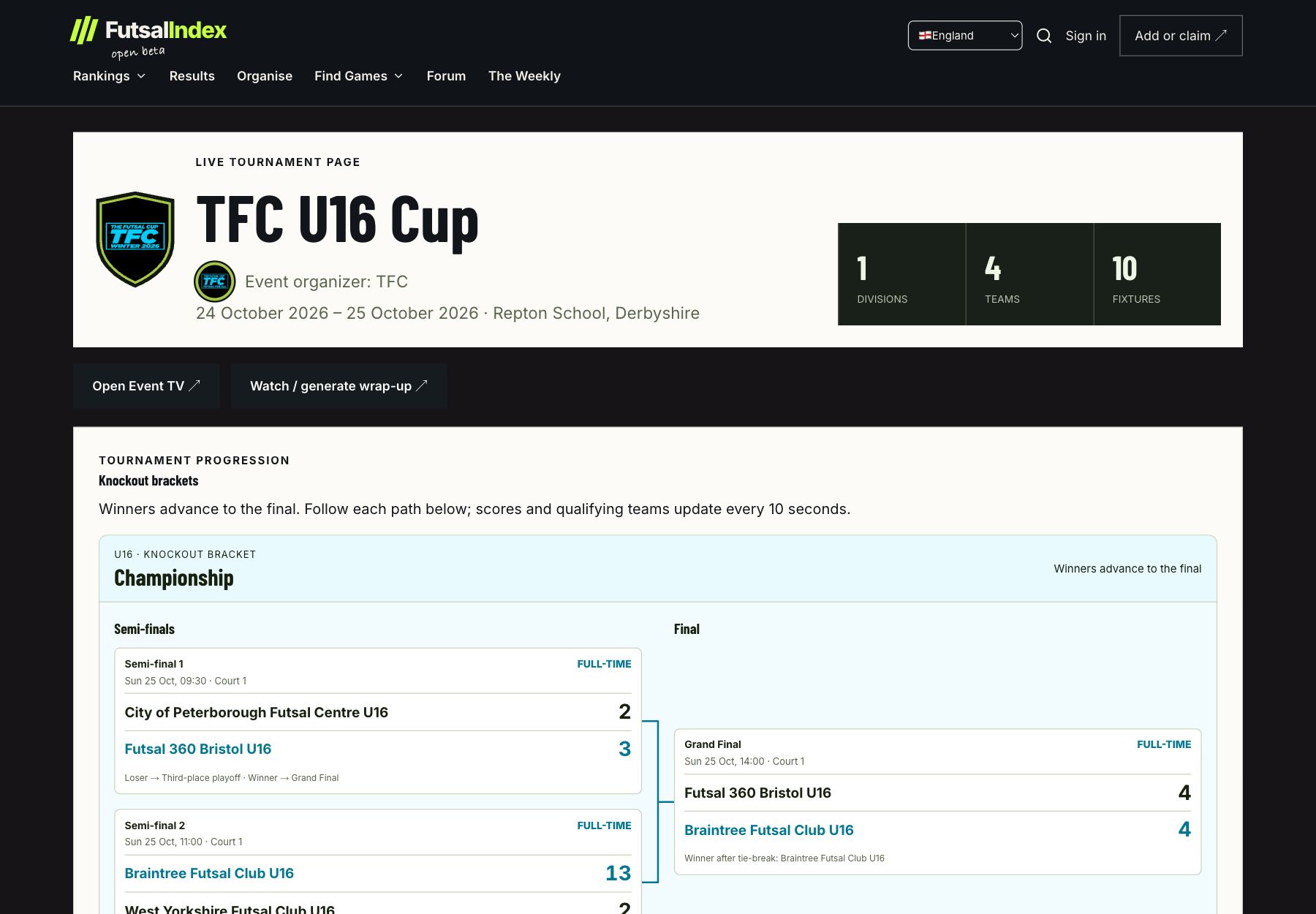 Página pública do torneio TFC U16 Cup com o emblema, fundo de campo geométrico escuro e detalhes ciano do quadro eliminatório